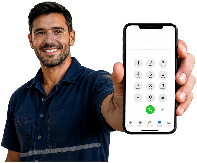 Lewisham Blocked Drains plumber holding a phone — call 1300 261 965
