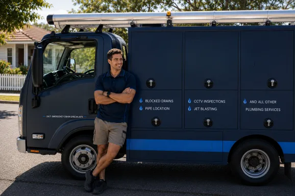 Plumber standing beside a service van in Lewisham