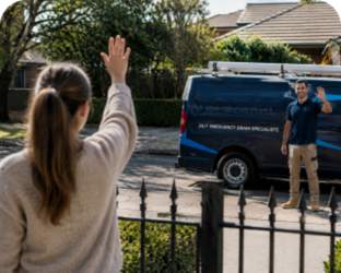 Customer waving goodbye to a Lewisham Blocked Drains plumber